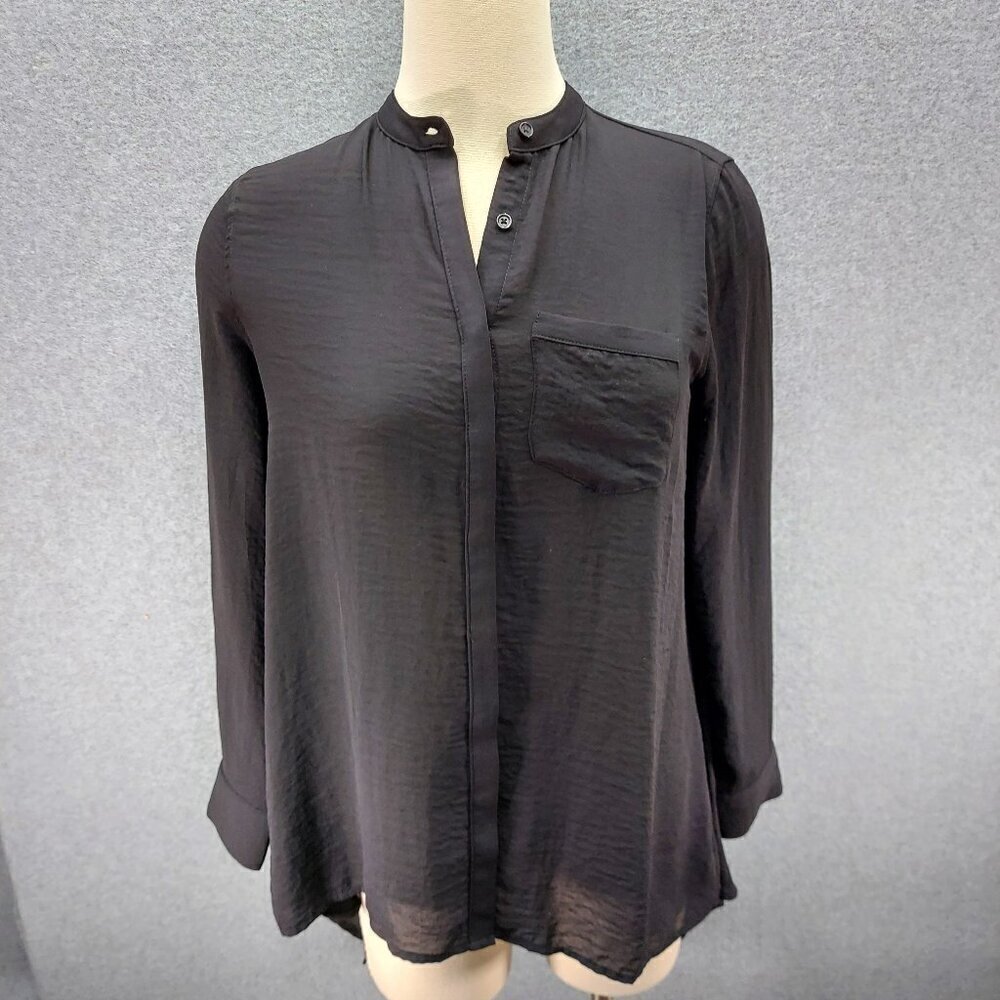 A N A Womens Black Semi Sheer Top Size Small PS Long Sleeve Button Up Blouse